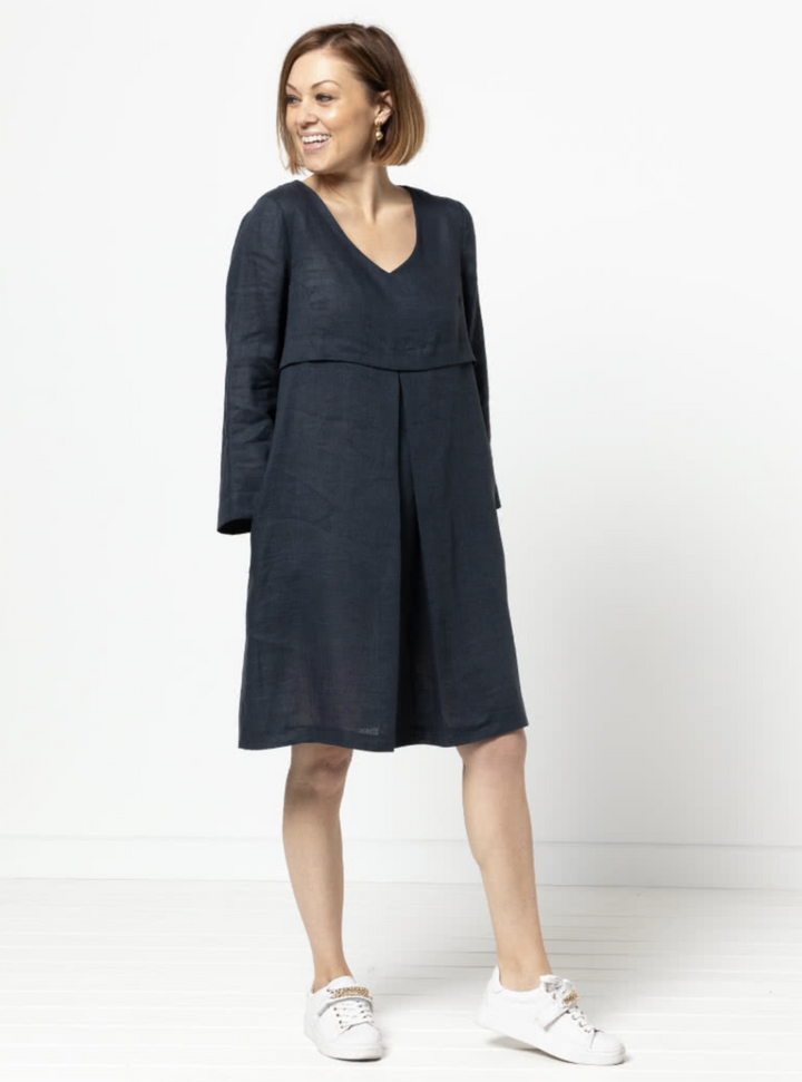 Style Arc Patricia Rose Dress sewing pattern with V-neck, under-bust tuck, front pleat, and side pockets