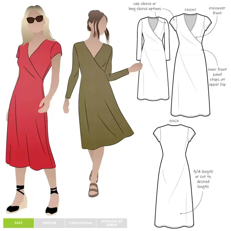 Style Arc Slip-On Suzie Dress sewing pattern with faux wrap design and cap or long sleeve options