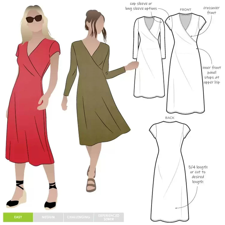 Style Arc Slip-On Suzie Dress sewing pattern with faux wrap design and cap or long sleeve options