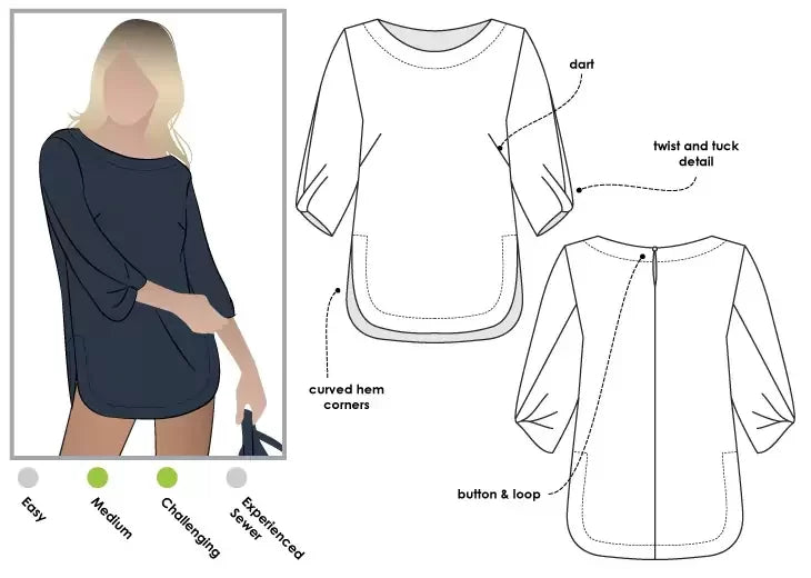 Style Arc Sadie Tunic sewing pattern with twist sleeves and shirt-tail hem design
