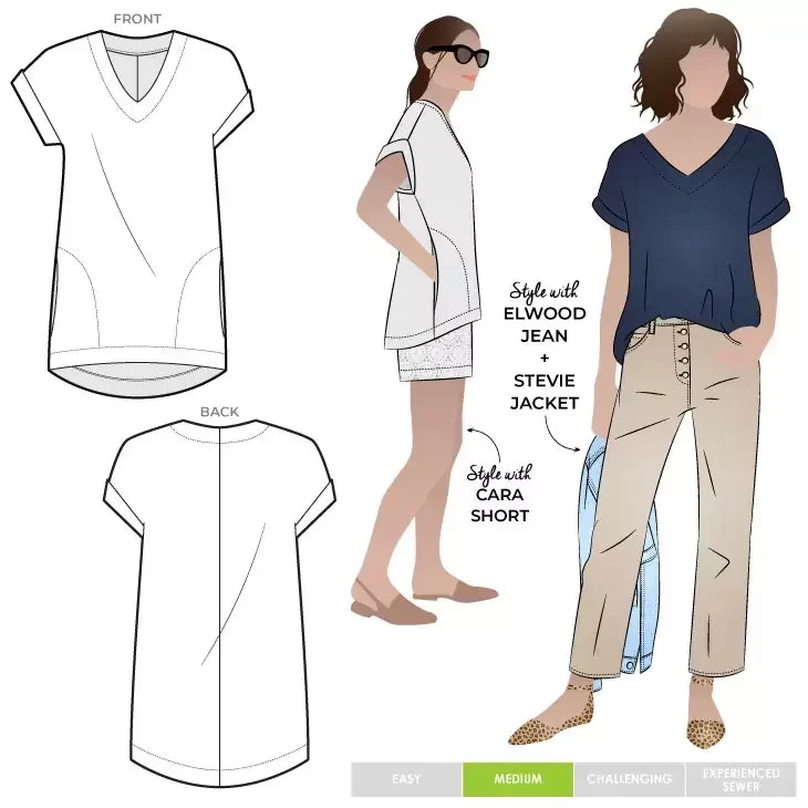 Style Arc Elani Tunic sewing pattern with dropped shoulders, turned-back cuffs, inseam pockets, and dropped back hem