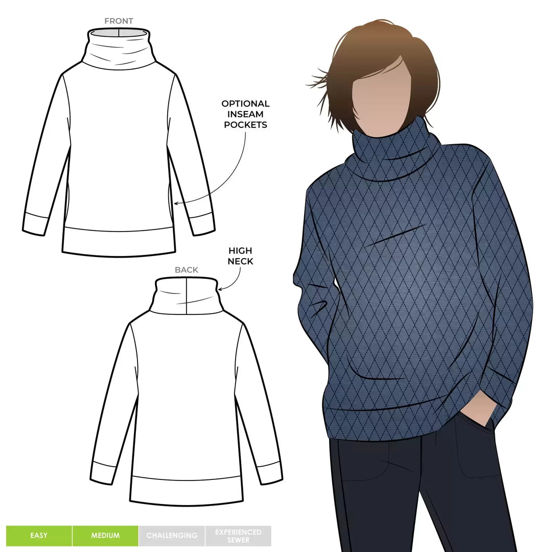 Style Arc Brooklyn Knit Top sewing pattern with oversized fit, high neck collar, side pockets, and wide cuffs