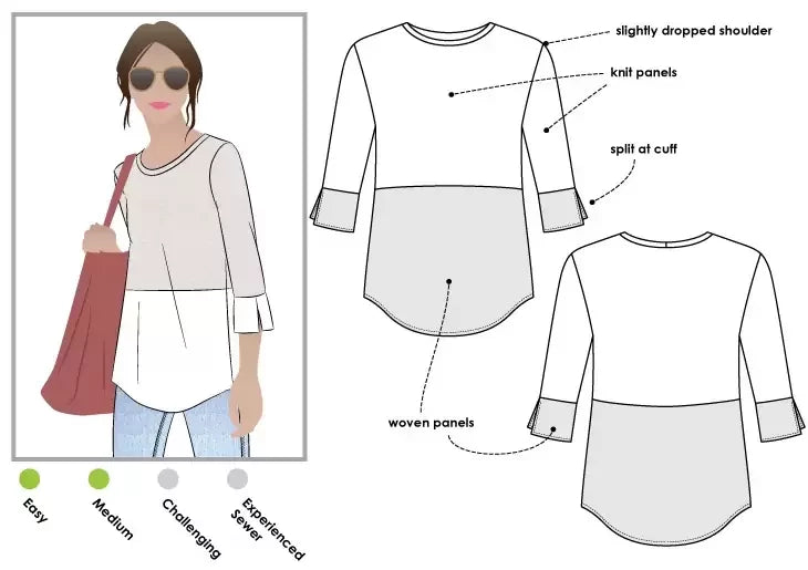 Style Arc Annika Top sewing pattern with dropped shoulder and woven split cuff design