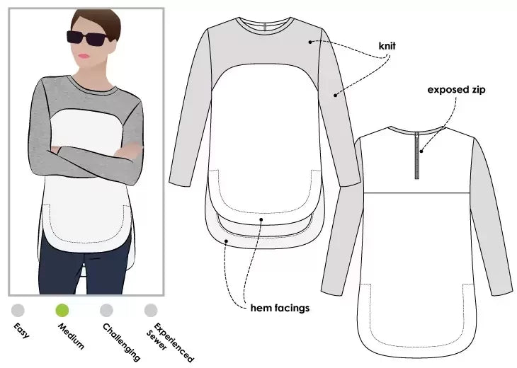 Style Arc Avery Tunic Top sewing pattern with high-low hemline and optional exposed zipper detail