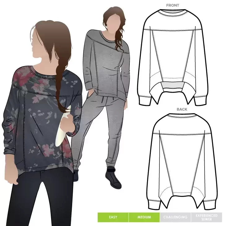 Style Arc Carlsson Sweater sewing pattern with extended shoulders, rounded yoke, and angled hip band design