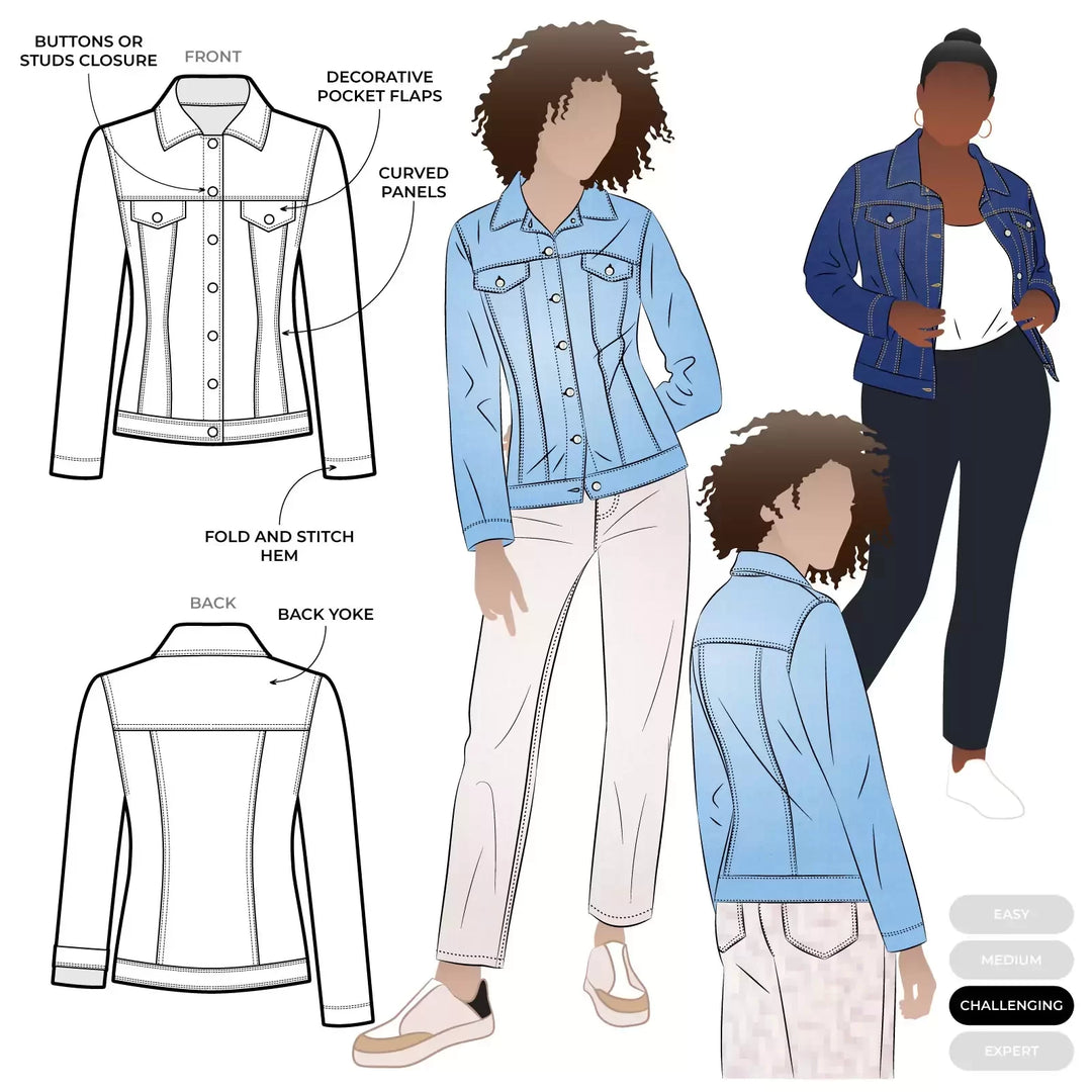 Style Arc Stacie Jean Jacket sewing pattern with high-hip fit, deep-hem sleeves, and classic tailored silhouette