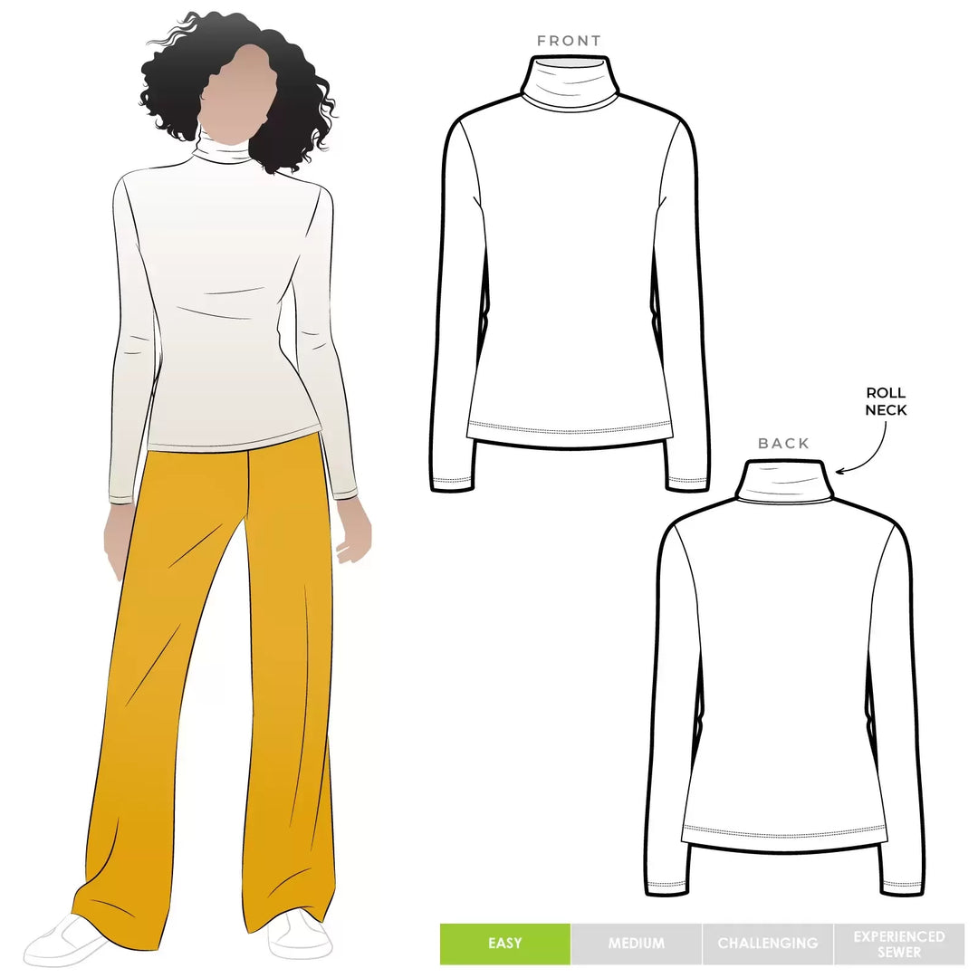 Style Arc Alexi Top sewing pattern with roll neck, long sleeves, and semi-fitted silhouette