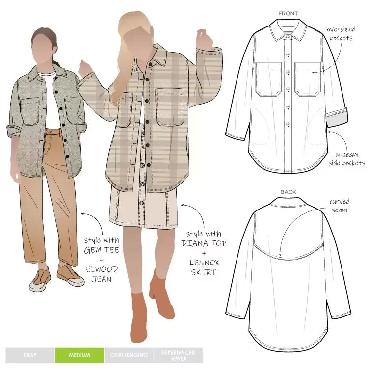 Style Arc Logan Shacket sewing pattern with oversized fit, dropped shoulders, shirt collar, and multiple pocket options