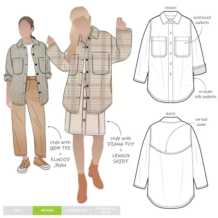 Style Arc Logan Shacket sewing pattern with oversized fit, dropped shoulders, shirt collar, and multiple pocket options