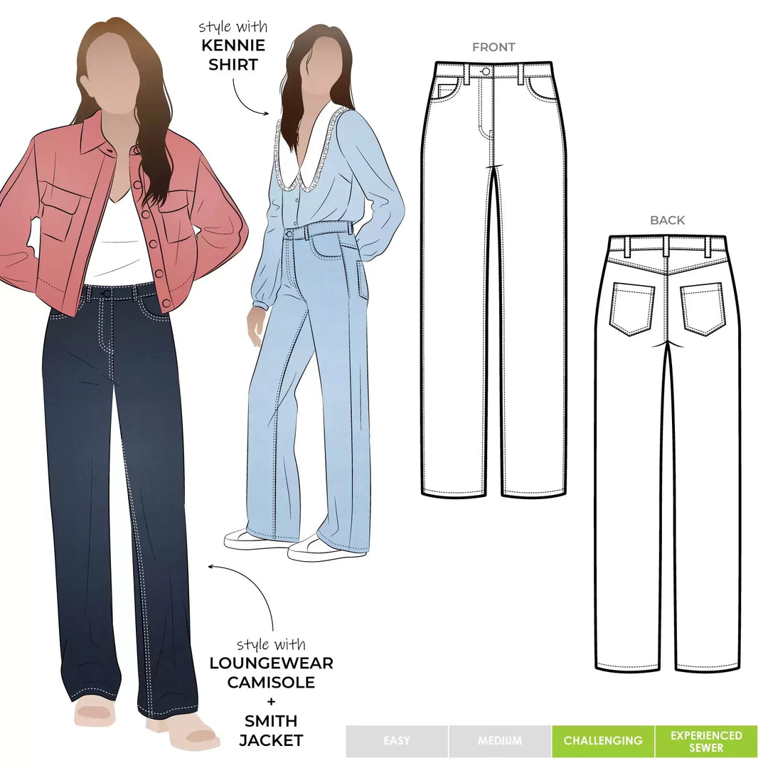 Style Arc Carlisle Jean sewing pattern with wide-leg design, shaped waistband, and classic denim pocket details