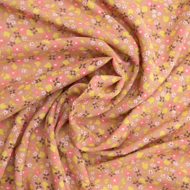 Rayon Challis Soft Spring Floral Fabric in muted rose with bright lime green floral print