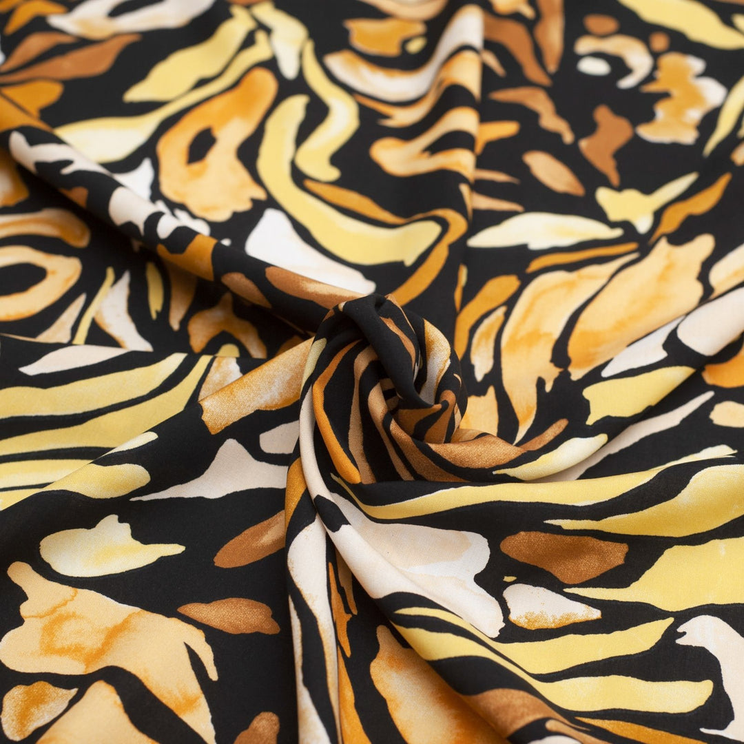 Rayon Poplin Yellow Black Abstract geometric semi-floral fabric for sewing dresses and tops