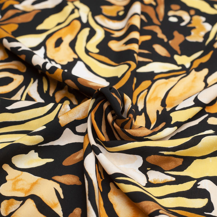 Rayon Poplin Yellow Black Abstract geometric semi-floral fabric for sewing dresses and tops