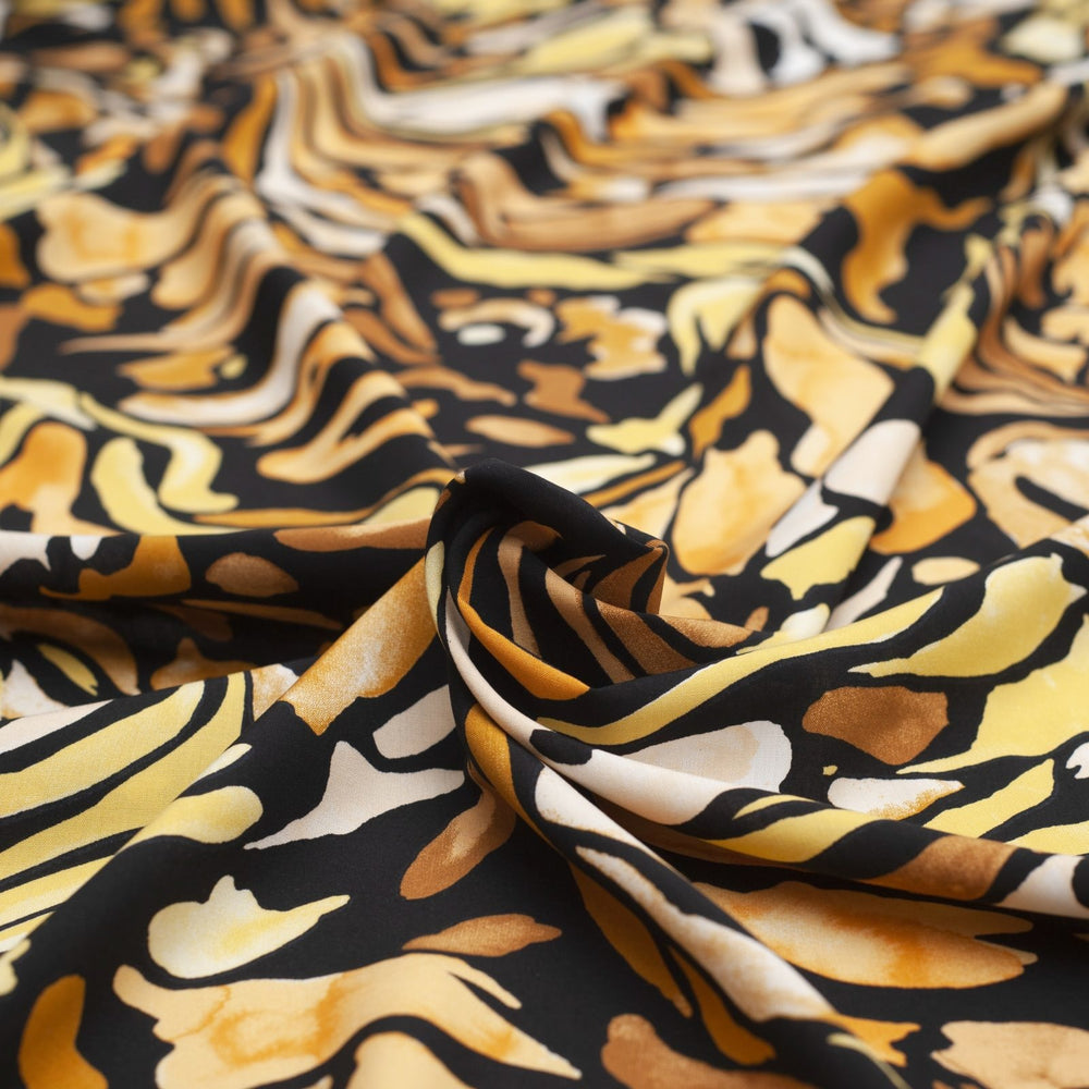 Rayon Poplin Yellow Black Abstract geometric semi-floral fabric for sewing dresses and tops