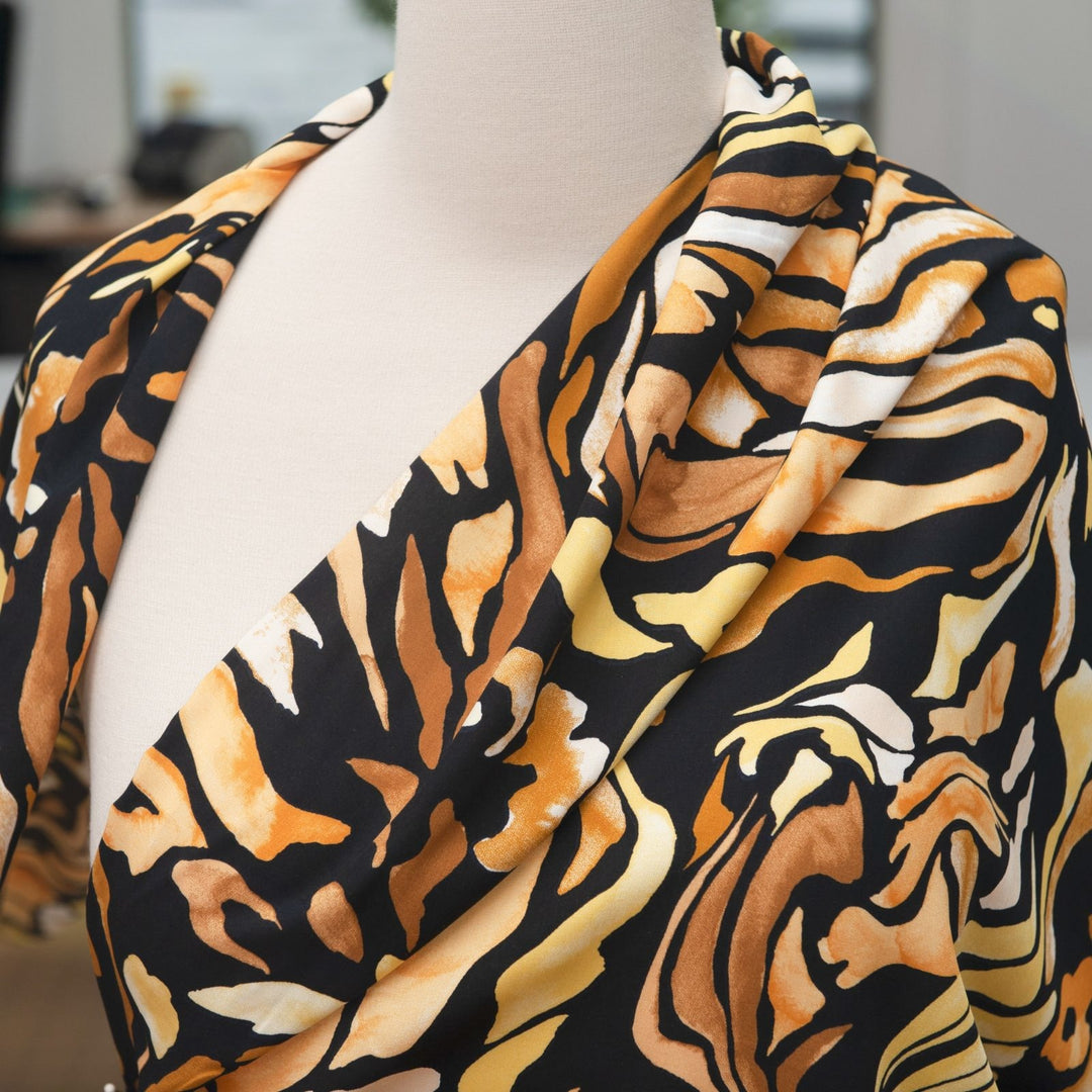 Rayon Poplin Yellow Black Abstract geometric semi-floral fabric for sewing dresses and tops