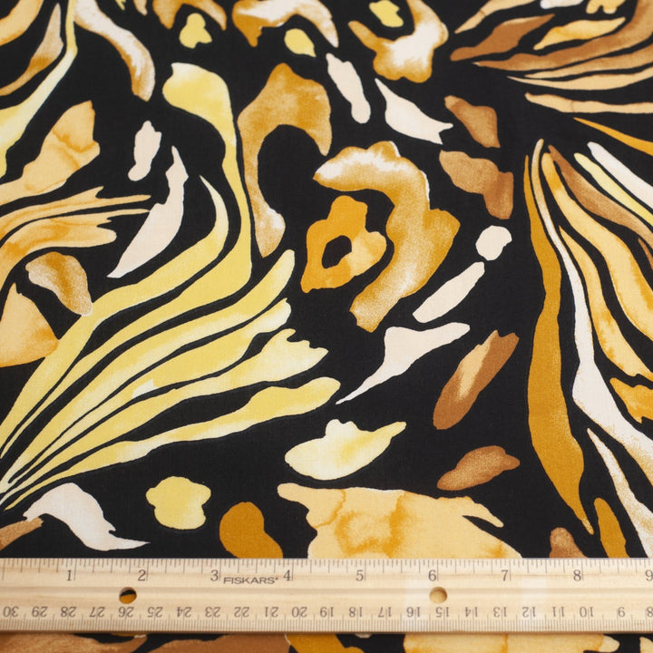 Rayon Poplin Yellow Black Abstract geometric semi-floral fabric for sewing dresses and tops