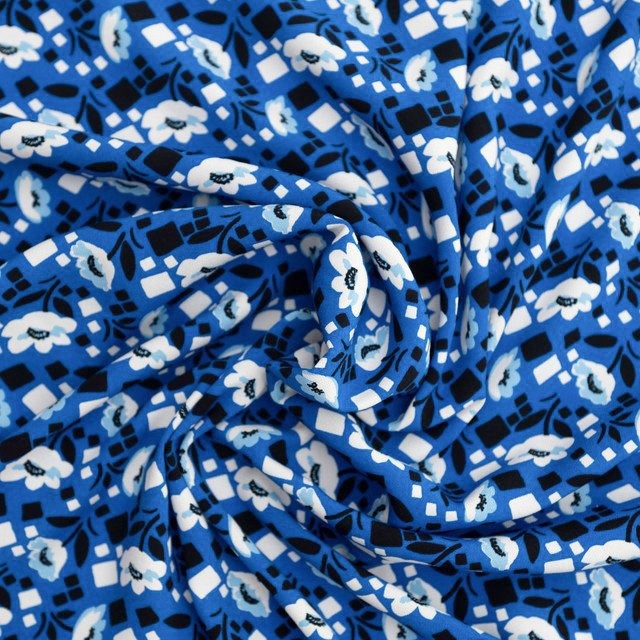 Rayon Crepe fabric blue floral geometric print 54 inches wide for dresses tops and skirts