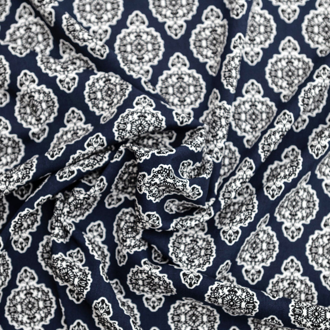 Rayon Challis Navy Medallion fabric, 100% rayon, classic medallion print, 58-inch width, lightweight and flowing material