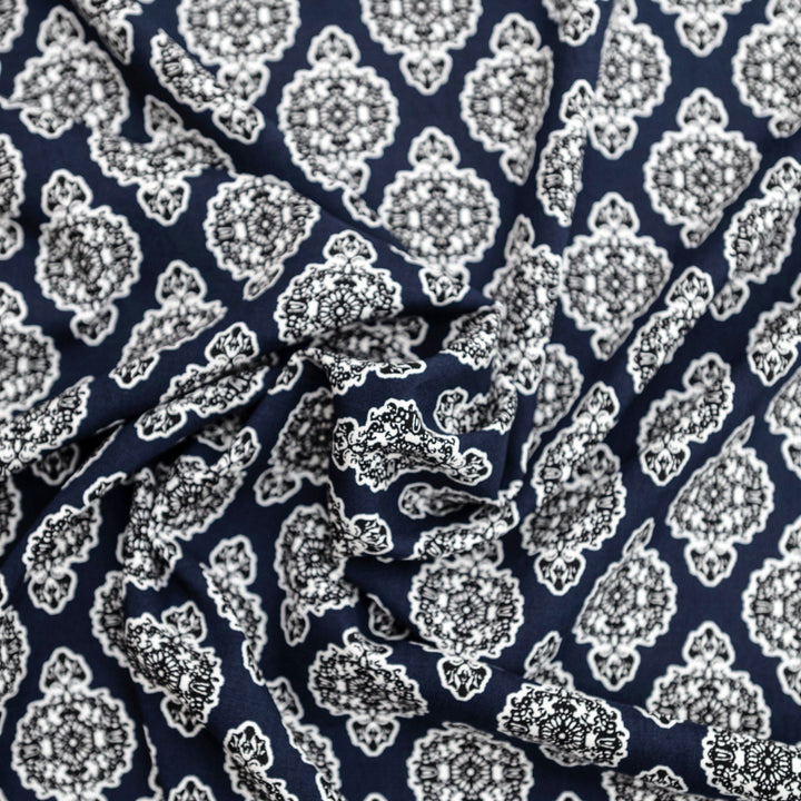 Rayon Challis Navy Medallion fabric, 100% rayon, classic medallion print, 58-inch width, lightweight and flowing material