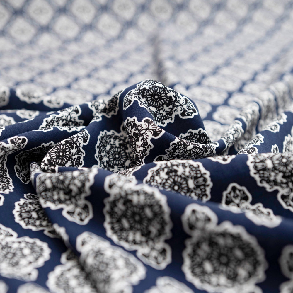 Rayon Challis Navy Medallion fabric, 100% rayon, classic medallion print, 58-inch width, lightweight and flowing material