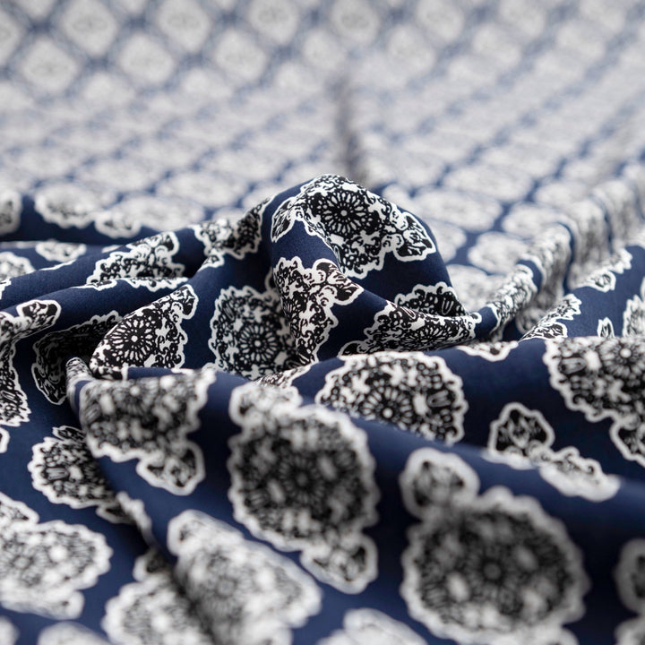 Rayon Challis Navy Medallion fabric, 100% rayon, classic medallion print, 58-inch width, lightweight and flowing material