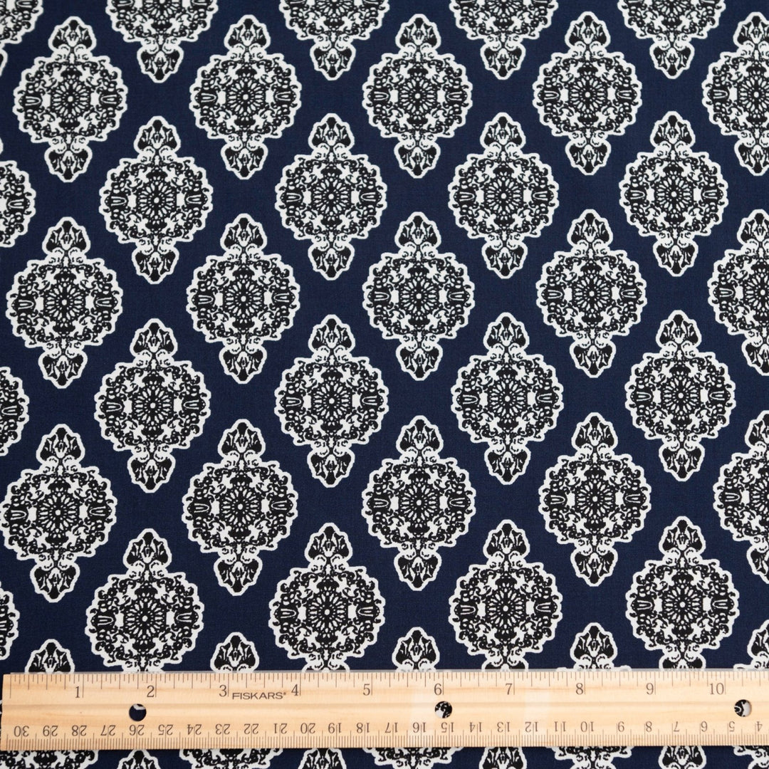 Rayon Challis Navy Medallion fabric, 100% rayon, classic medallion print, 58-inch width, lightweight and flowing material