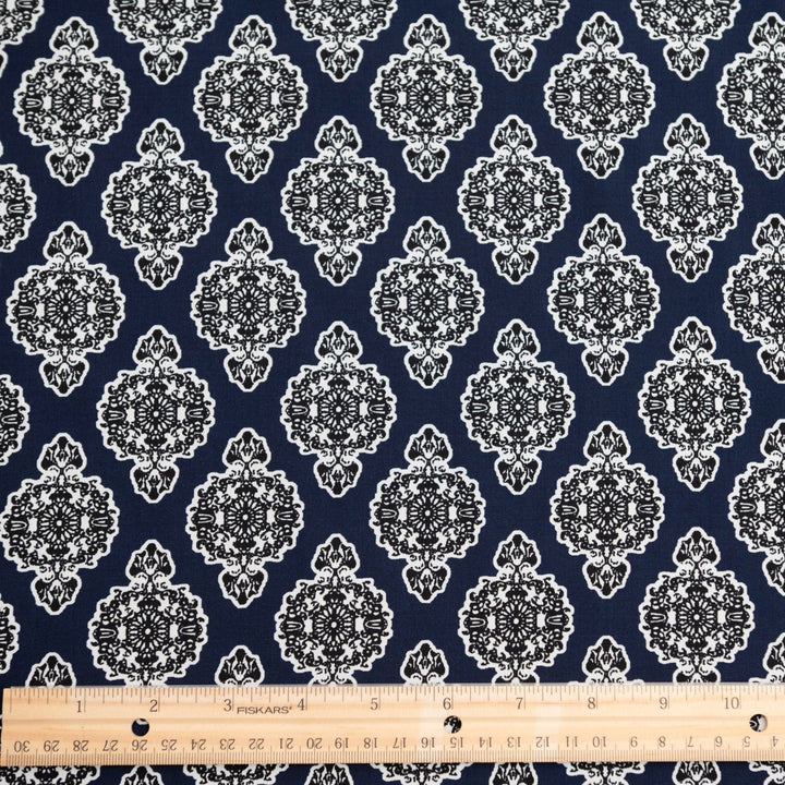 Rayon Challis Navy Medallion fabric, 100% rayon, classic medallion print, 58-inch width, lightweight and flowing material