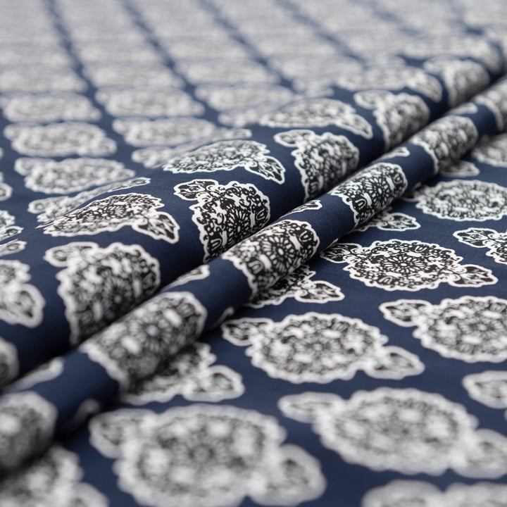 Rayon Challis Navy Medallion fabric, 100% rayon, classic medallion print, 58-inch width, lightweight and flowing material