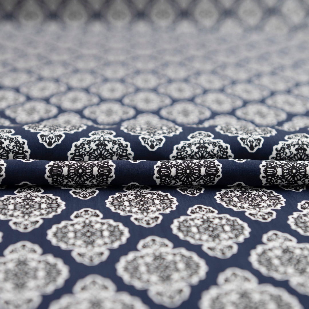 Rayon Challis Navy Medallion fabric, 100% rayon, classic medallion print, 58-inch width, lightweight and flowing material
