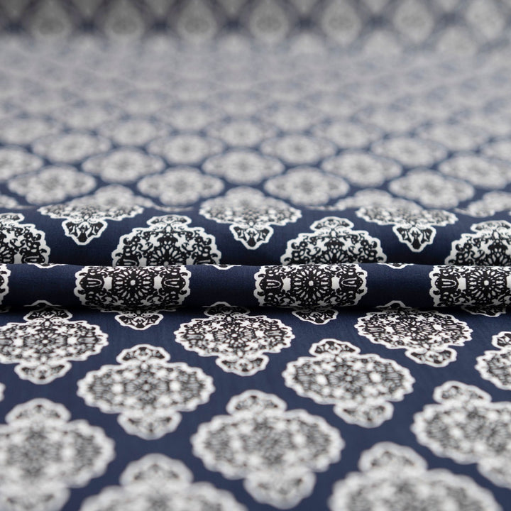 Rayon Challis Navy Medallion fabric, 100% rayon, classic medallion print, 58-inch width, lightweight and flowing material