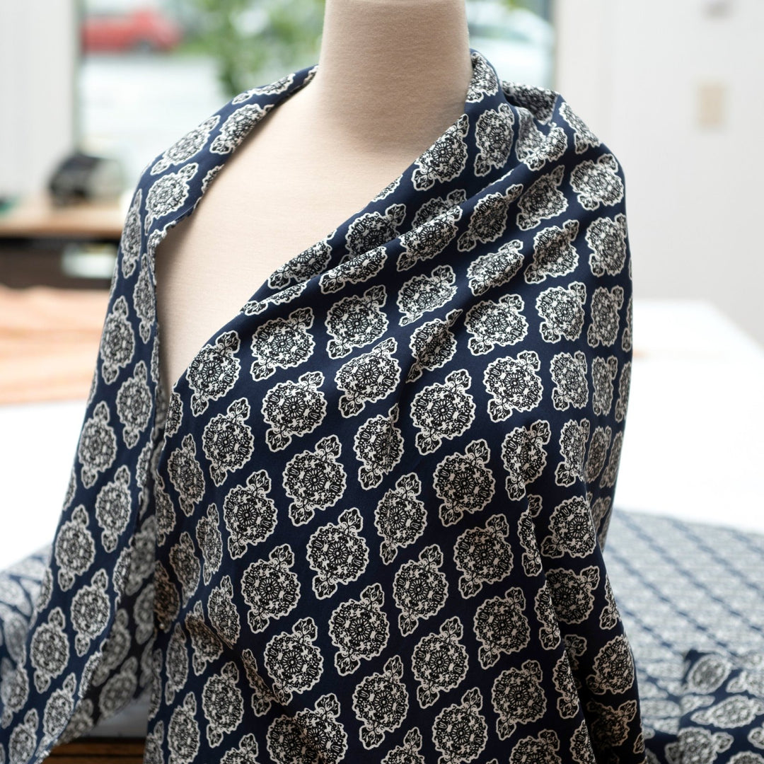 Rayon Challis Navy Medallion fabric, 100% rayon, classic medallion print, 58-inch width, lightweight and flowing material