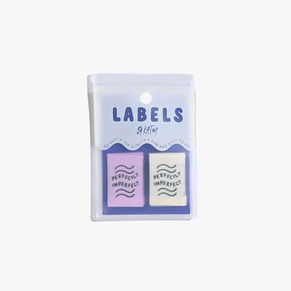 New 'Perfectly Imperfect' woven labels by Kylie and the Machine in lilac and ivory vaporwave colors - vertical end fold tags celebrating handmade beauty