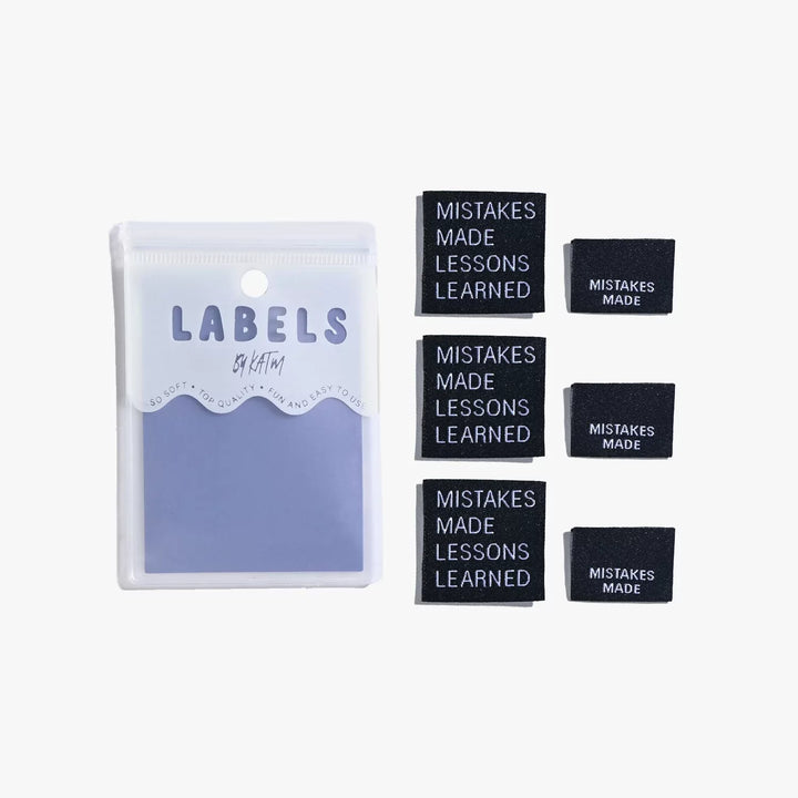 Motivational woven labels reading 'Mistakes Made Lessons Learned' in side seam and end fold styles by Kylie and the Machine - for proud skill-building sewists