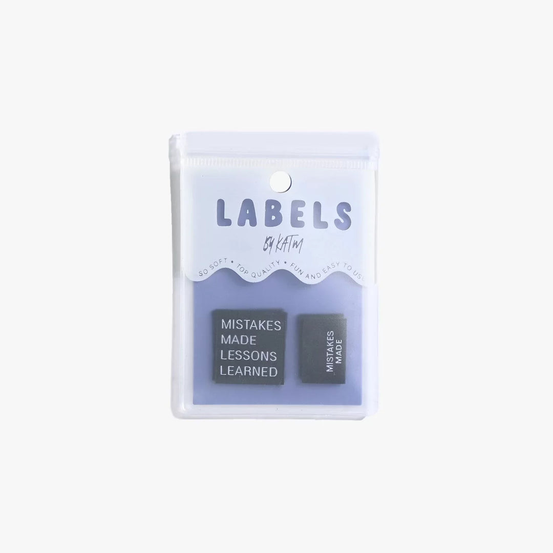 Motivational woven labels reading 'Mistakes Made Lessons Learned' in side seam and end fold styles by Kylie and the Machine - for proud skill-building sewists