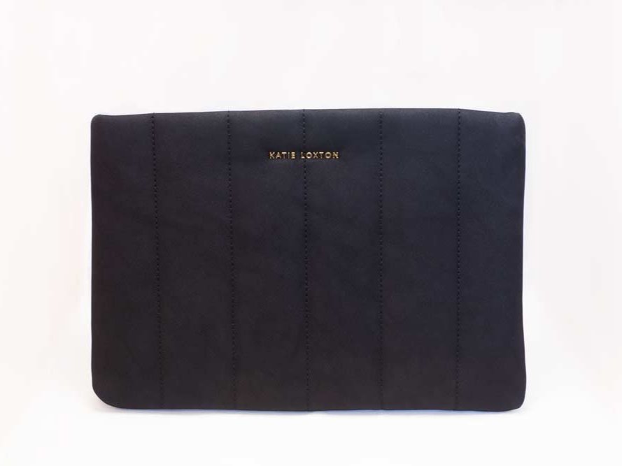 Kendra Quilted Clutch by Katie Loxton in soft vegan leather with quilted stripe pattern and gold-tone hardware.
