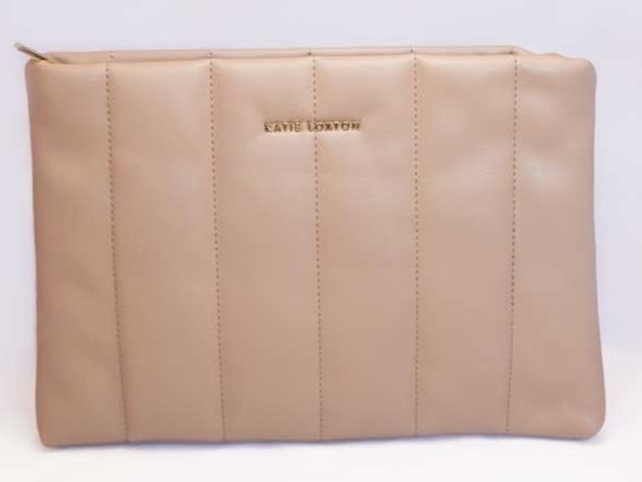 Kendra Quilted Clutch by Katie Loxton in soft vegan leather with quilted stripe pattern and gold-tone hardware.