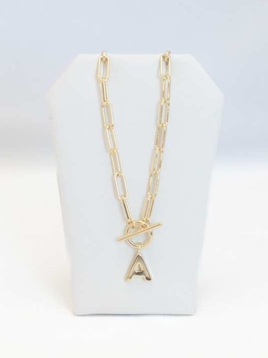 Gold and Silver Initial Necklace by Natalie Wood Designs, featuring a toggle closure and paperclip chain