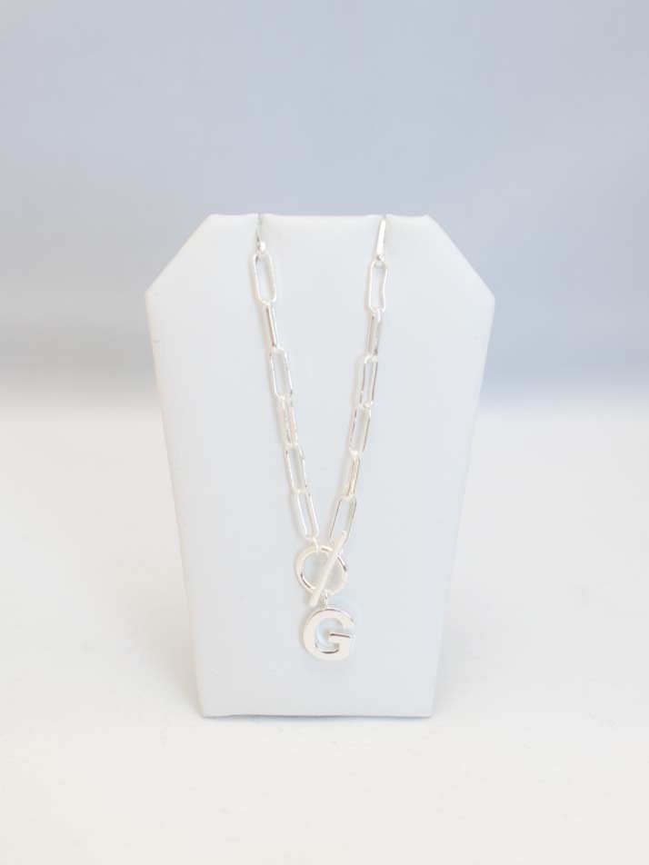 Gold and Silver Initial Necklace by Natalie Wood Designs, featuring a toggle closure and paperclip chain