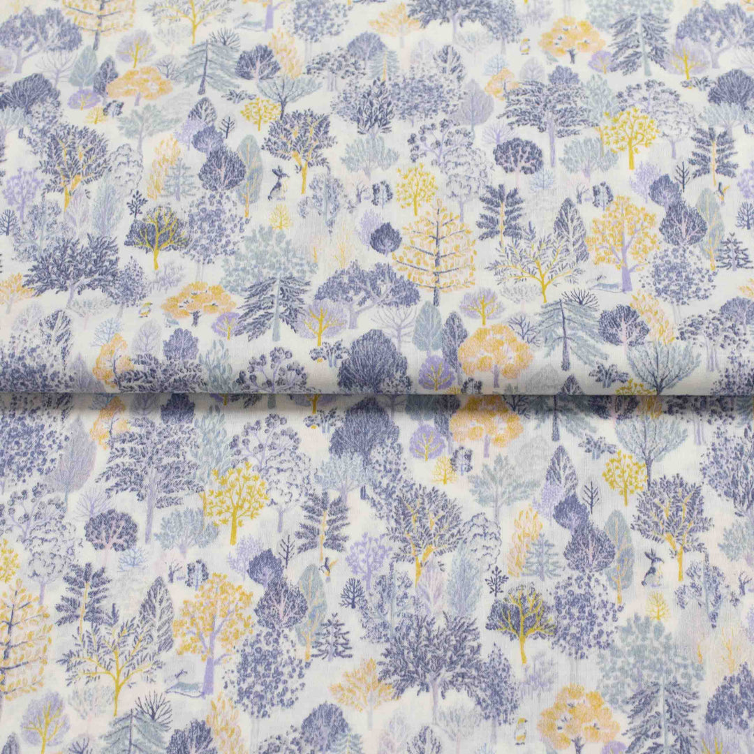 Japanese Cotton Lawn - Scandinavian Forest in Gray Blues and Gold