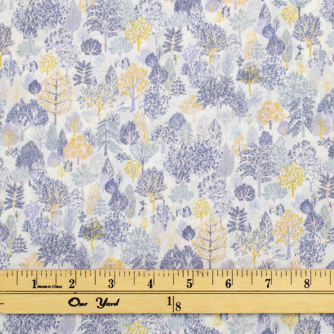 Japanese Cotton Lawn - Scandinavian Forest in Gray Blues and Gold
