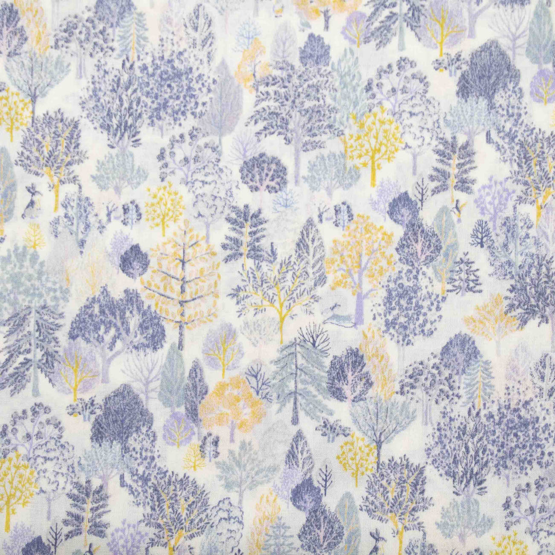 Japanese Cotton Lawn - Scandinavian Forest in Gray Blues and Gold