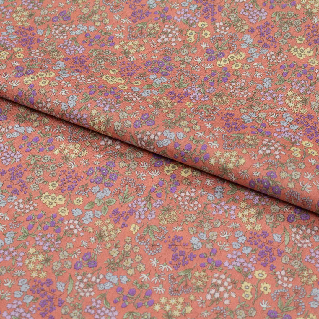 Japanese Cotton Lawn - Wildflowers with Berries - Coral