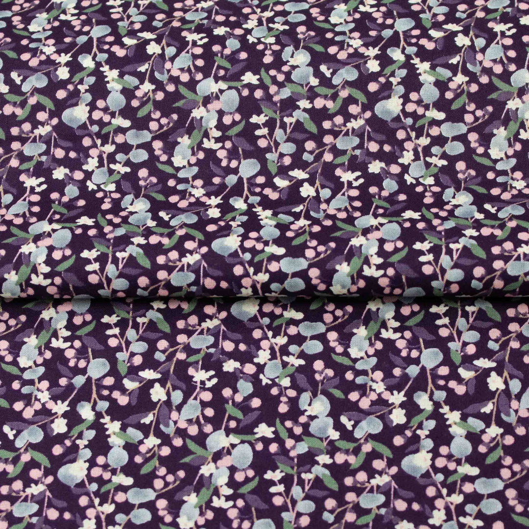 Japanese Cotton Lawn - Leaves and Berries - Eggplant