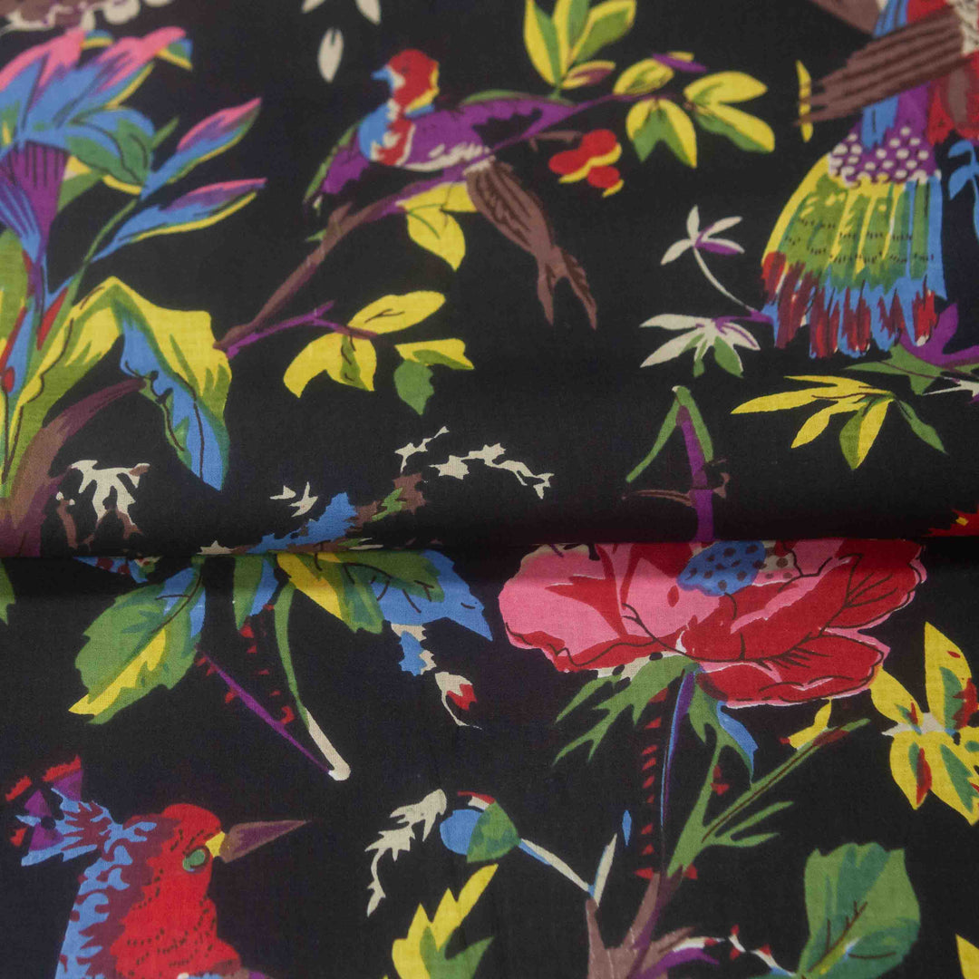 Indian Block Print Cotton - Birds - Black