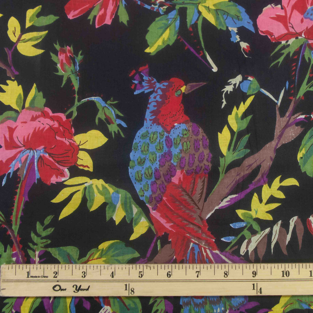 Indian Block Print Cotton - Birds - Black