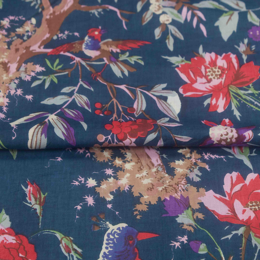 Indian Block Print Cotton - Birds - Deep Blue