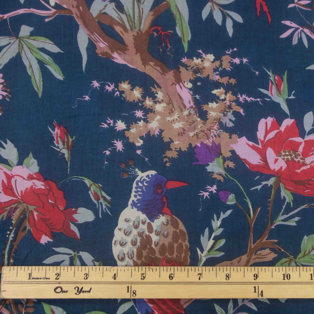 Indian Block Print Cotton - Birds - Deep Blue