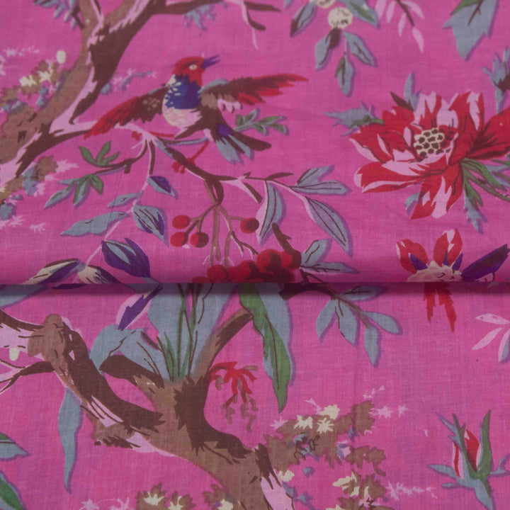 Indian Block Print Cotton - Birds - Hot Pink