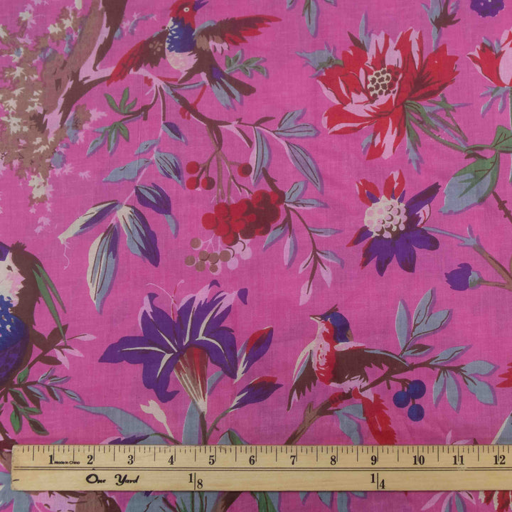 Indian Block Print Cotton - Birds - Hot Pink