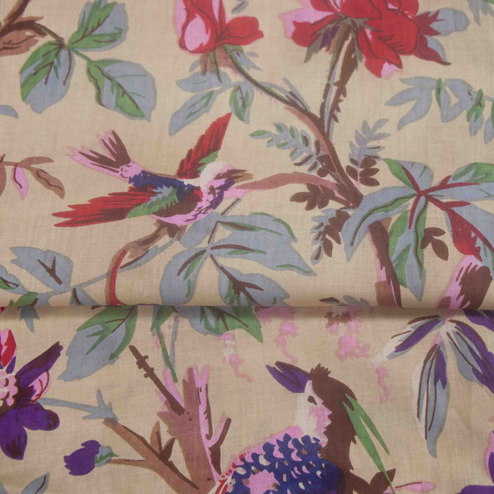 Indian Block Print Cotton - Birds - Tan